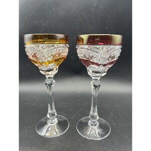 2 Elegant Val St Lambert Crystal Cordial Goblet Glasses Cut to Clear Stemware